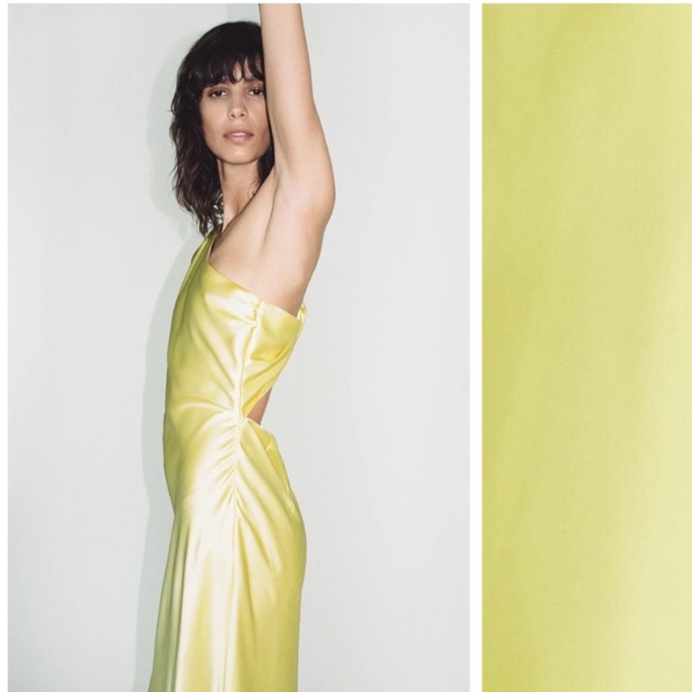 NWT. Zara Yellow Satin Effect Asymmetric Midi Dress. Size M. - Picture 2 of 9